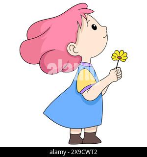Cartoon-Kritzelillustration der Aktivitäten von Frauen: Ein Mädchen, das die Natur liebt, steht tagträumend und hält Sonnenblumen, kreatives Zeichnen Stock Vektor
