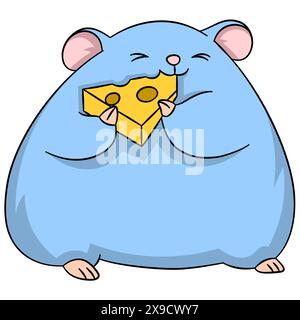 Illustration einer Zeichentrickzeichnung mit niedlichen Tierfiguren: Fat Mäuse essen abends Käsesnacks Stock Vektor