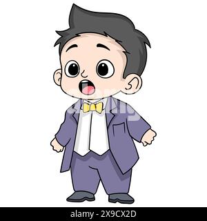 Illustration einer Zeichentrickzeichnung der Aktivitäten von Geschäftsleuten, ein Junge mit einem schockierten Gesicht, der Weltwirtschaftsnachrichten hört Stock Vektor