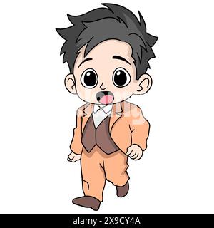 Illustration einer Zeichentrickzeichnung der Aktivitäten von Geschäftsleuten: Ein Junge mit einem glücklichen Gesicht rennt, weil er zu spät ins Büro kommt Stock Vektor