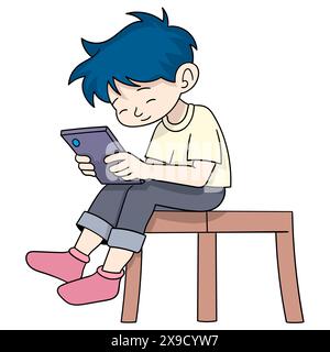 Cartoon-Kritzelei von Aktivitäten der Menschen mit Handys, Junge sitzt und schaut nach unten und spielt soziale Medien auf dem Handy Stock Vektor