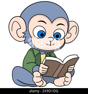 Pädagogisches Zeichentrickchen, männlicher Affe sitzt allein und liest ein Buch über wirtschaftliche Stabilität Stock Vektor