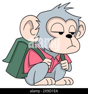 Pädagogisches Cartoon-Doodle, ein männlicher Affenschüler sitzt mit einer Tasche und geht faul zur Schule Stock Vektor