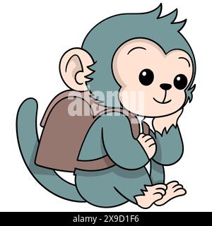 Pädagogische Zeichentrickkritzelei, männlicher Affenschüler, der eine Tasche trägt, sitzt unauffällig; Farbe; Icon; Symbol; Aufkleber; Logo; Abbildung; lehrreich; ca. Stock Vektor