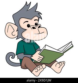 Pädagogisches Zeichentrickkritzelchen, männlicher Affenschüler sitzt und liest Wissenschaftsbuch Stock Vektor