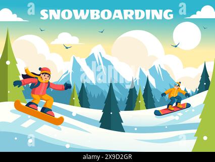 Snowboarden Vektor-Illustration mit Menschen, die während des Winters auf einem schneebedeckten Berg gleiten und springen, flacher Stil-Cartoon-Hintergrund Stock Vektor