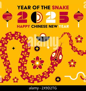 Happy Chinese New Year 2025 Schlangenzeichen, modernes Flachbild-Design in roten, gelben und weißen Farben (Chinesisch Übersetzung: Happy New Year 2025, y Stock Vektor