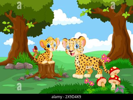 Vektor-Illustration von Mutter Gepard und ihrem Baby im Dschungel isoliert auf weißem Hintergrund Stock Vektor