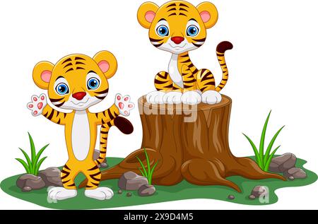 Vektor-Illustration von Mutter Tiger und ihrem Baby im Dschungel isoliert auf weißem Hintergrund Stock Vektor