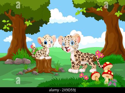 Vektor-Illustration von Mutter Leopard und ihrem Baby im Dschungel isoliert auf weißem Hintergrund Stock Vektor