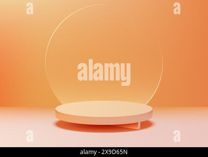 Ein minimalistisches Podium in Orange mit rundem transparentem Glashintergrund und sanfter Beleuchtung. Ideal für Produktpräsentationen oder künstlerische Präsentationen Stock Vektor
