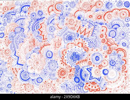 Abstrakter monochromer Hintergrund. Rote, blaue Umrandung auf weißem Hintergrund. Gefüllt mit Doodle-Mustern. Kreise, Punkte, Wirbel, Linien, Wellen, Zickzack Stockfoto