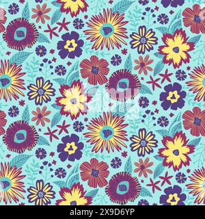 Nahtloses Half Drop Muster mit Fantasy Blättern und Blumen in Mint Blue, Lila, Gelb. Sich Wiederholende Hintergrundbild-Druckstruktur. Perfekt für Scrapbook Bastelpapier, Textil, Stoff, Geschenkverpackungen. Stock Vektor