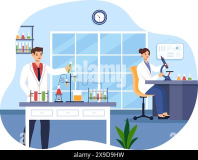 Vektorillustration eines Labors, das wissenschaftliche Forschung, Experimente und Messungen in einem Hintergrund im flachen Cartoon-Stil durchführt Stock Vektor