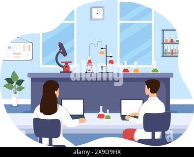 Vektorillustration eines Labors, das wissenschaftliche Forschung, Experimente und Messungen in einem Hintergrund im flachen Cartoon-Stil durchführt Stock Vektor