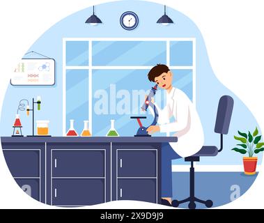 Vektorillustration eines Labors, das wissenschaftliche Forschung, Experimente und Messungen in einem Hintergrund im flachen Cartoon-Stil durchführt Stock Vektor