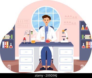Vektorillustration eines Labors, das wissenschaftliche Forschung, Experimente und Messungen in einem Hintergrund im flachen Cartoon-Stil durchführt Stock Vektor