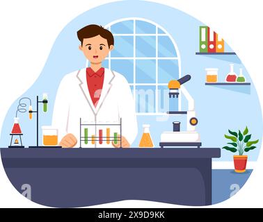 Vektorillustration eines Labors, das wissenschaftliche Forschung, Experimente und Messungen in einem Hintergrund im flachen Cartoon-Stil durchführt Stock Vektor