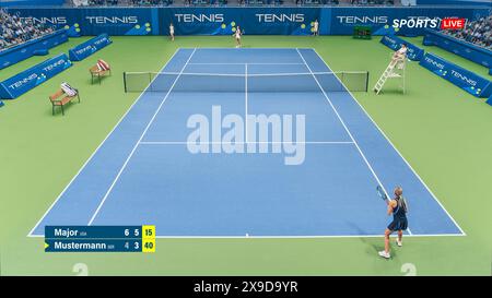 Tennis Championship Match Sports TV Broadcast Montage. Zwei Tennisspielerinnen Treten An. Profi-Athleten beim Weltsportturnier. Network Channel TV Filmmaterial mit Publikum. Stockfoto
