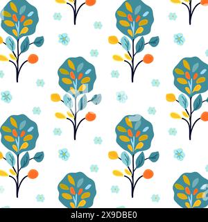 Nahtlose Volksabbildung mit einfachen, flachen und hellgrünen, malachitfarbenen und gelben dekorativen blauen Blumen, grünen Bäumen weißem Hintergrund, Herbst. Geeignet für Wohnkultur, Textilien, Tapeten Verpackung.. Stock Vektor