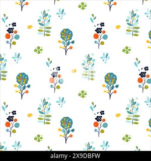 Bezauberndes, nahtloses Muster mit bezaubernden Pflanzen und Blumen in hellen, lebendigen Farben. Ideal für Frühlingsdesigns, Textilien und Tapeten. Fängt eine frische und verspielte Atmosphäre mit Einflüssen der Volkskunst und Waldblumen ein... Stock Vektor