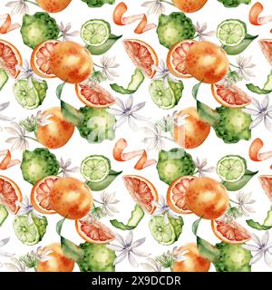 Gemischte Zitrusfrüchte mit weißen Blüten nahtloses Aquarellmuster isoliert auf weiß. Handgezeichnete Grapefruit, Bergamotte mit hellorangegrüner Schale Stockfoto