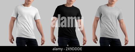 Weißes, schwarzes, heidekrautes T-Shirt auf einem Sportmann, Kleidung für Design, Branding, Werbung, Vorderansicht. Stell Guy Kleidung an. Mockup eines Hemdes Stockfoto