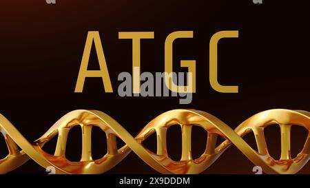 3D-Rendering von Gold-ATGC-Buchstaben Hintergrund. Adenin, Thymin, Cytosin und Guanin sind die vier Nukleotide, die in der DNA gefunden werden Stockfoto