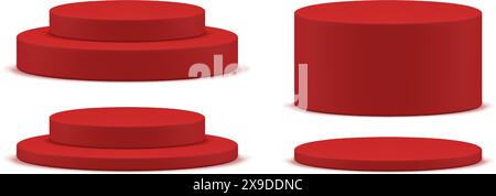Rote Zylinder Level Sockel Preis 3d Bühne Treppe Schaufenster Dekor Element Set isoliert auf weiße realistische Vektor Illustration. Runder Podiumsplatz Stock Vektor