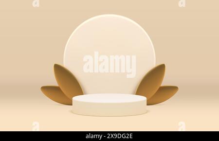 Beige 3D Sockel Zylinder Werbung Grundlage Frühling Design mit goldenen Blättern Studio Hintergrund realistische Vektor Illustration. Premium rund podi Stock Vektor