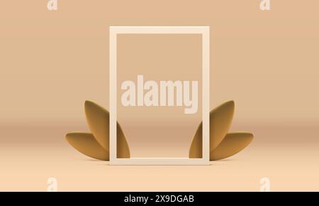 3D Rahmen Werbung Raum Anzeige Frühling Dekor Design realistische Vektorillustration. Hochwertiger vertikaler Rand mit goldfarbenen Blättern, beigefarbenem Blumenmuster Stock Vektor