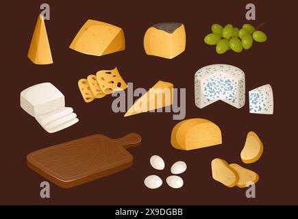 Große Auswahl an verschiedenen Käsesorten und anderen Vorspeisen und Produkten für Wein auf braunem Hintergrund. Vektorillustration in realistischem Stil Stock Vektor