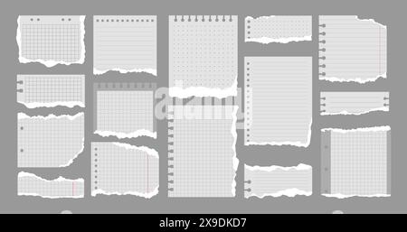 Satz verschiedener zerrissener Notizbuchblätter. Weiße und graue Reißzetteln, Aufkleber, Klebeblätter und Klebeband. Vektorabbildung in abgewickelter Form. Trendig Stock Vektor