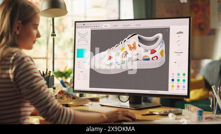 Progressive Teen weibliche Designerin wählt Farben und Muster und modelliert 3D-Schuhe auf ihrem professionellen Desktop-Computer. Frau, die ein neues 3D-Modell in der CAD-Software erstellt, entwirft. Freiberufliche Tätigkeit. Stockfoto