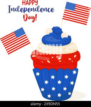 Festlicher süßer Cupcake mit bunten blauen, weißen und roten Zuckerglasur mit amerikanischen Flaggen. Postkarte Happy Independence Day. Vektor-Illustration im Cartoon-Stall Stock Vektor