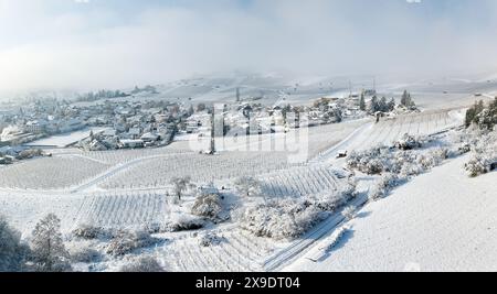 Luftbild des schneebedeckten Dorfes umgeben von gefrorenem Weinberg in Hallau, Klettgau, Schaffhausen, Schweiz Stockfoto
