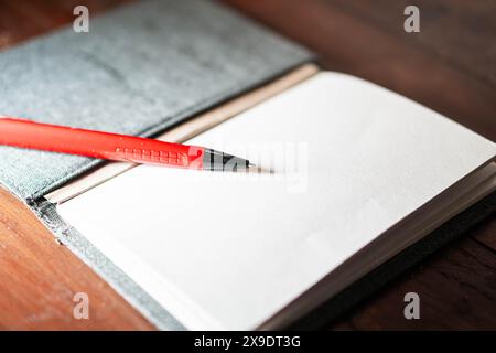 Ein offenes Notizbuch mit leeren Seiten und einem roten Stift, das auf einer Holzoberfläche liegt. Stockfoto