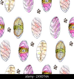 Japanisches Essen Sushi nahtlose Muster Aquarell auf weißem Hintergrund Stockfoto