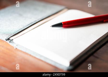 Ein offenes Notizbuch mit leeren Seiten und einem roten Stift, das auf einer Holzoberfläche liegt. Stockfoto