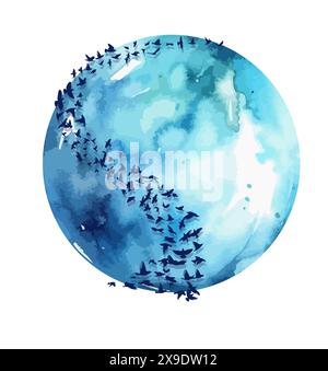 Blauer Planet mit fliegenden Tauben. Herde fliegender Vögel. Handzeichnung. Nicht AI, Vektorillustration Stock Vektor