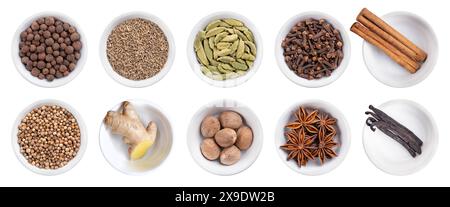 Gewürze und Düfte der Weihnachtszeit in weißen Schüsseln. Allspice, Anis, Kardamom, Nelken, Zimt, Koriander, Ingwer, Muskatnuss, Sternanis und Vanille. Stockfoto