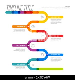 Einfache Zeitleistenvorlage aus dicken Liniensegmenten in Regenbogenfarben. Mehrzweck-Infochart-Vorlage, in der die wichtigsten Meilensteine oder wichtigen Phasen angezeigt werden Stock Vektor