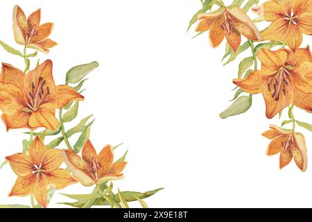 Rahmen aus orangefarbenen Lilien. Aquarellabbildung. Satz von Pflanzenelementen. Rahmen aus orangen Lilien, handgezeichnet. Stockfoto