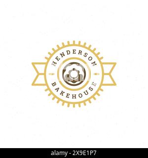 Donuts Shop-Abzeichen oder Label Retro-Vektor-Illustration. Donut-Silhouette für Backhaus. Typografisches Vintage-Logo. Stock Vektor