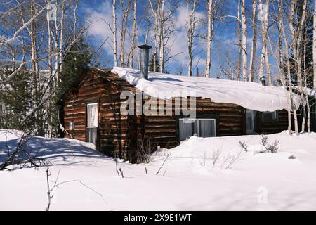 Rustikale Hütte in einem verschneiten Winterwald mit blauem Himmel Stockfoto