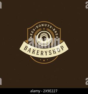 Bäckerei-Abzeichen oder Etikett Retro-Vektor-Illustration. Weizen- und Donut-Silhouetten für das Backhaus. Typografisches Logo. Stock Vektor