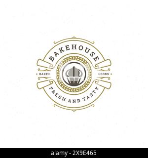 Bäckerei Logo oder Abzeichen Vintage Vektor Illustration Cupcake Silhouette für Bäckerei Shop. Retro-Typografie-Logo. Stock Vektor