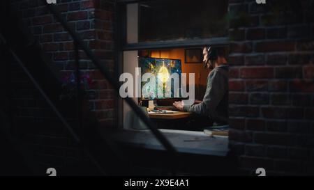 Fokussierter männlicher Spieler mittleren Alters, der Online-Videospiele auf dem PC spielt. Guy genießt Fantasy RPG Spiel mit Rollenspielfigur Zauberzauber, zerstöre Feinde. Aufnahmen von draußen. Stockfoto