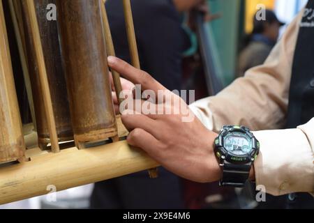 Bandung, 17. August 2019. Eine Hand eines Jungen, der auf einer lokalen Hochzeit 'Angklung' spielt. Angklung ist als traditionelles Musikinstrument beliebt. Stockfoto