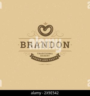 Bäckerei Logo oder Abzeichen Vintage Vektor Illustration Brezel Silhouette für Bäckerei Shop. Retro-Typografie-Logo. Stock Vektor